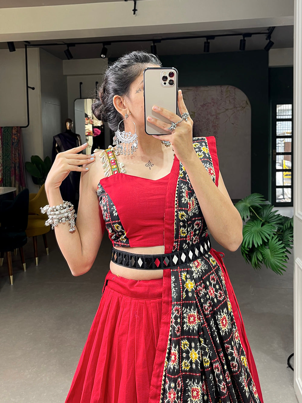 Red Color Patola Print With Paper Mirror Work Ghaghra Choli ClothsVilla