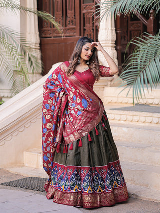 Mehndi Color Printed With Foil Work Dola Silk Lehenga Choli ClothsVilla.com