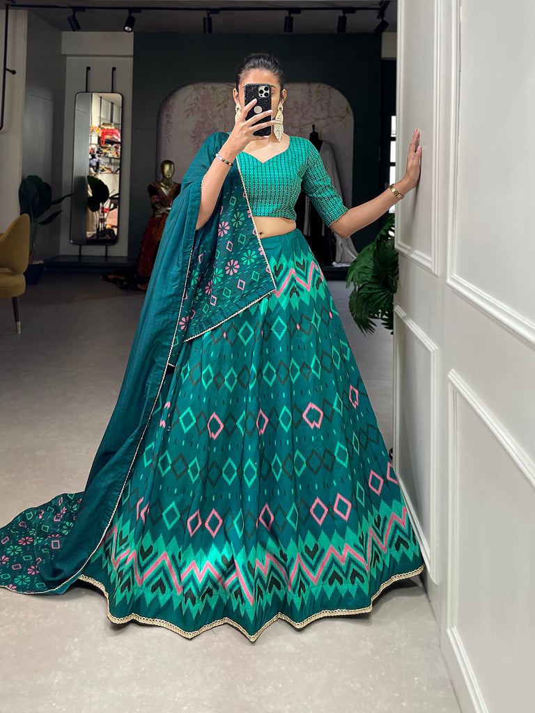 Teal Color Printed With Lace Border Vaishali Silk Indian Wedding Lehenga Choli Clothsvilla