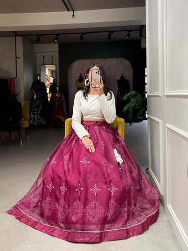 Magenta Color Digital Print Cora Chex Zari Border Co-Ord Set Lehenga Choli ClothsVilla.com
