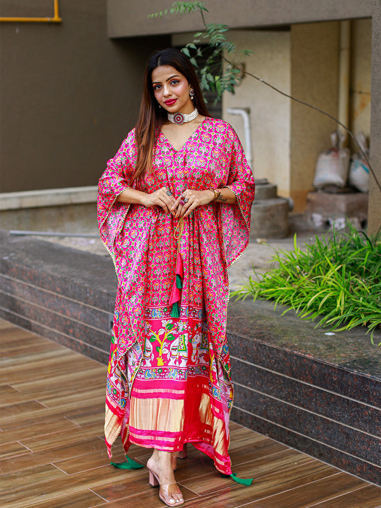 Pink Color Bandhej Digital Print Pure Gaji Silk Kaftan Clothsvilla