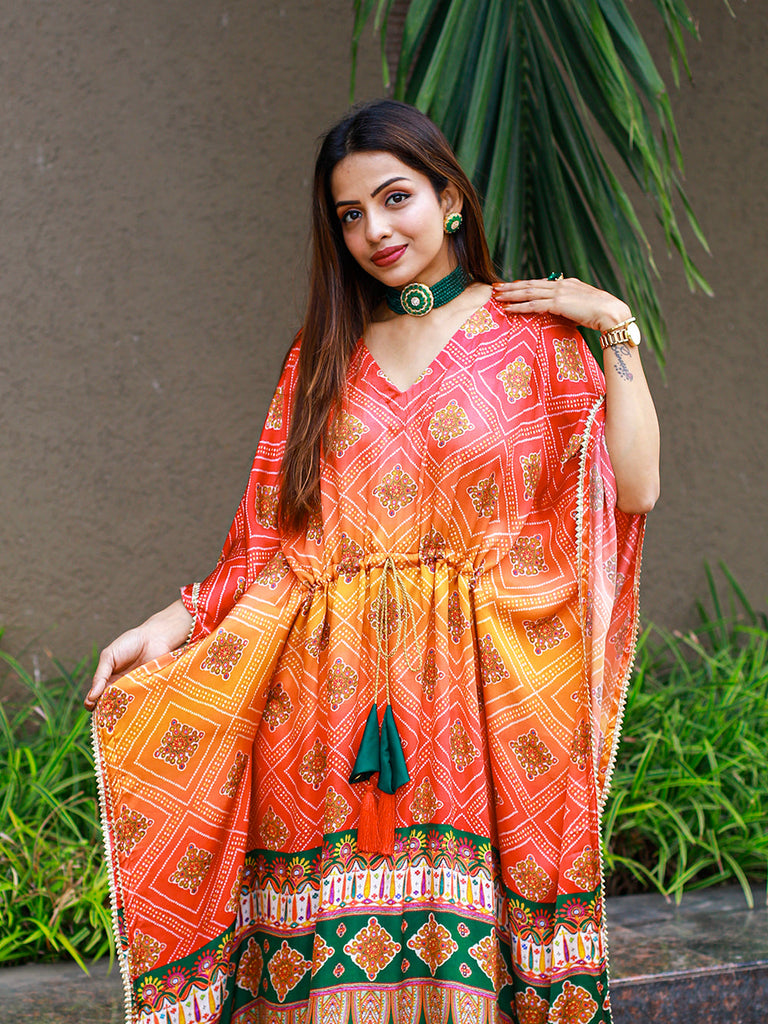 Multi Color Bandhej Digital Print Pure Gaji Silk Kaftan Clothsvilla