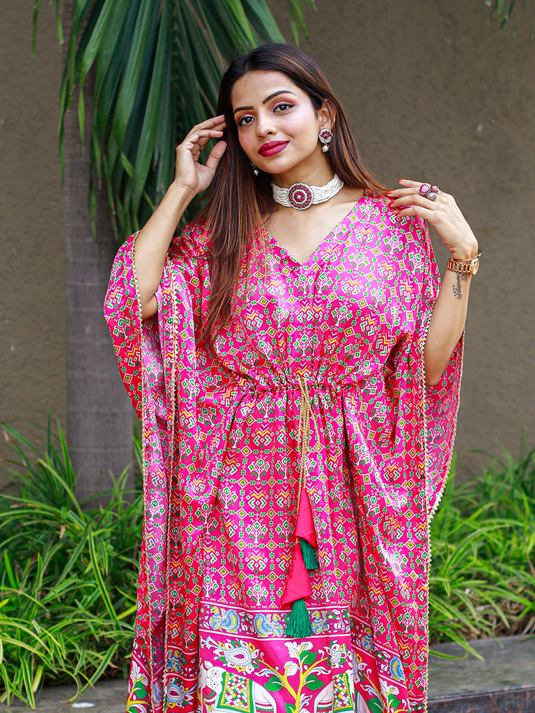 Pink Color Bandhej Digital Print Pure Gaji Silk Kaftan Clothsvilla