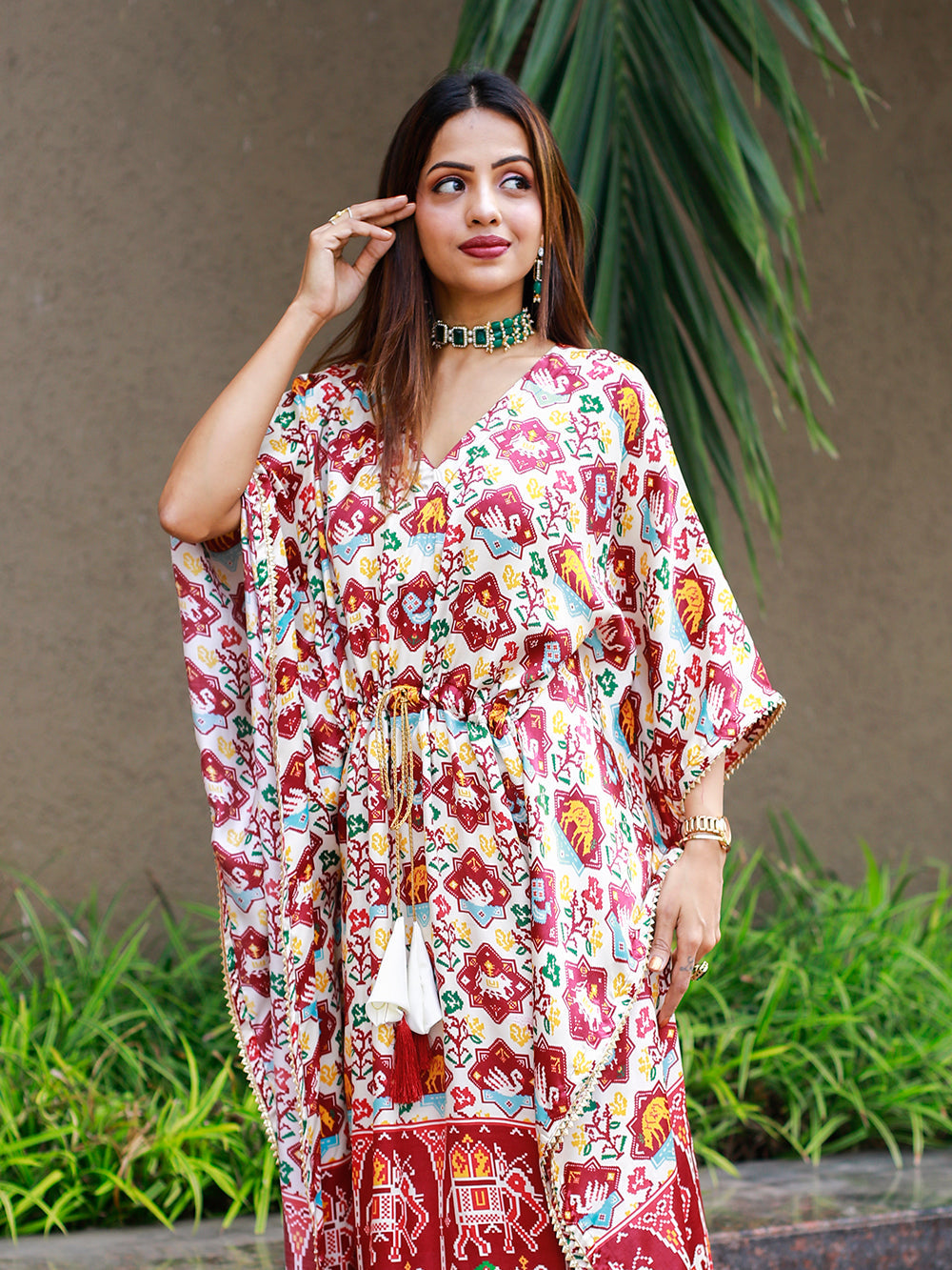 White Color Bandhej Digital Print Pure Gaji Silk Kaftan Clothsvilla