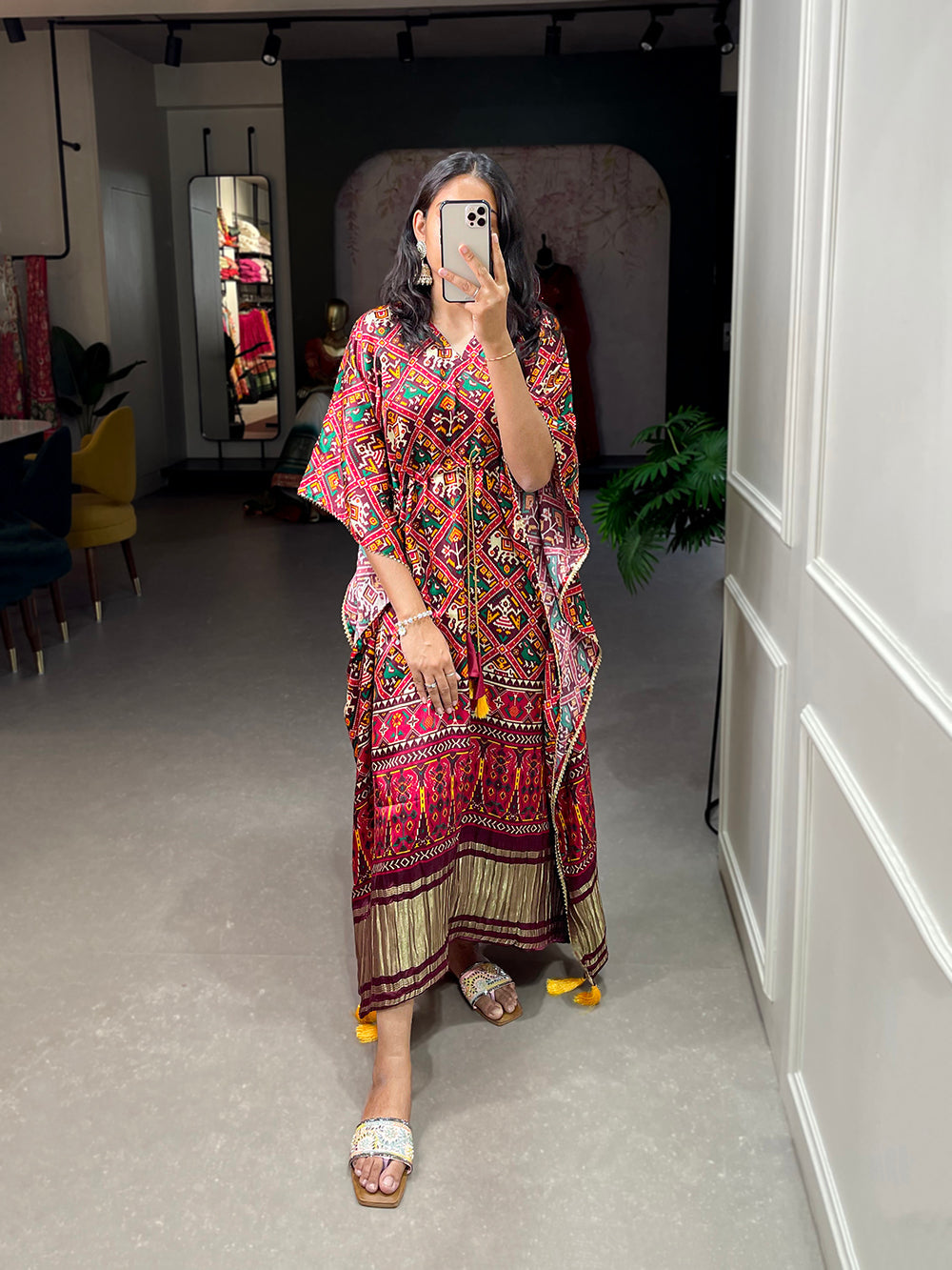 Red Color Patola Printed Gaji Silk Kaftan ClothsVilla.com