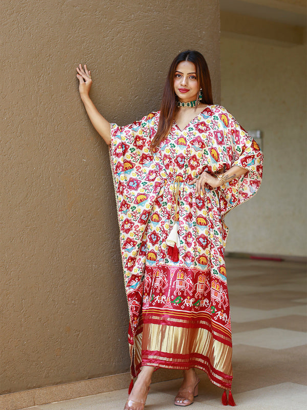 White Color Bandhej Digital Print Pure Gaji Silk Kaftan Clothsvilla