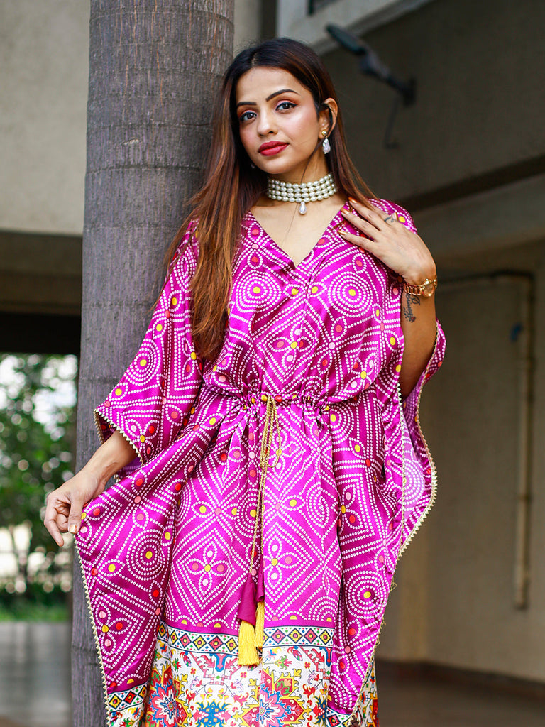 Wine Color Bandhej Digital Print Pure Gaji Silk Kaftan Clothsvilla