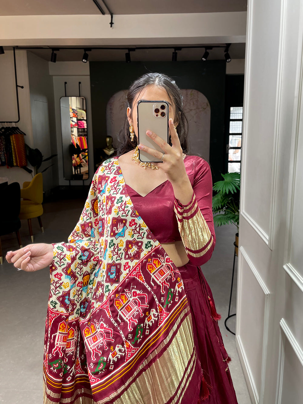 Maroon Color Dyeing With Lagdi Patta Gaji Silk Lehenga Choli ClothsVilla.com