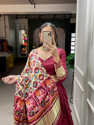 Maroon Color Dyeing With Lagdi Patta Gaji Silk Lehenga Choli ClothsVilla.com