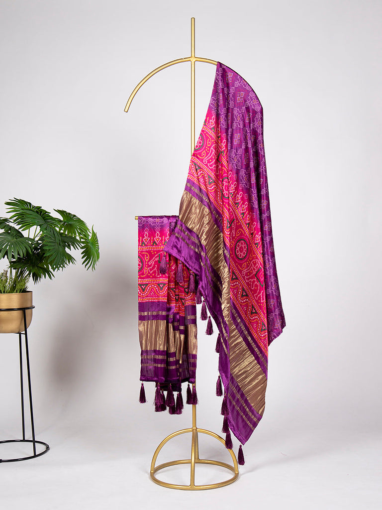 Purple Color Bandhej Printed Gaji Silk Dupatta ClothsVilla.com