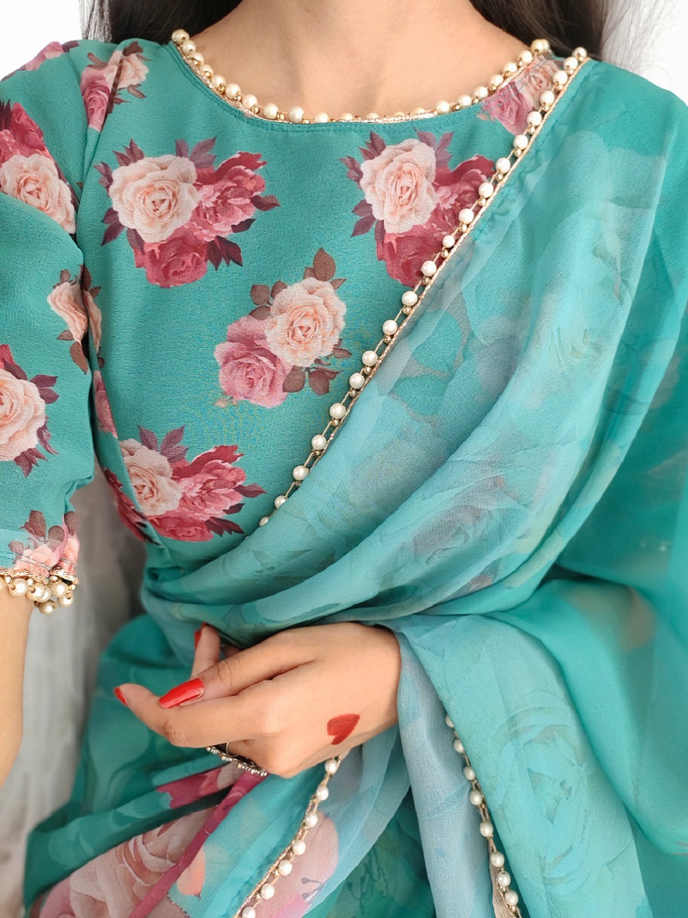 Green Color Printed With Pearl Lace Border Georgette Saree Clothsvilla