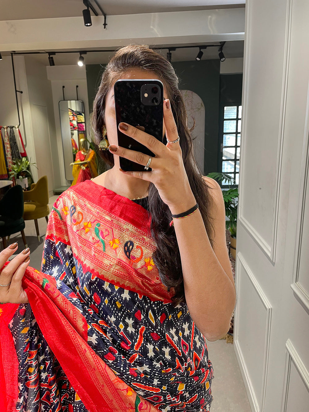 Navy Blue Color Patola Paithani Printed with Foil Work Dola Silk Saree Clothsvilla