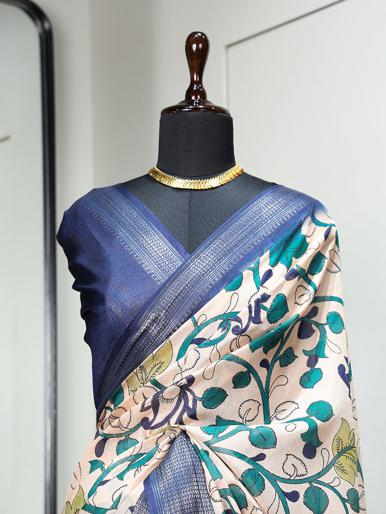 Navy Blue Color Printed With Zari Border Dola Silk Saree Clothsvilla