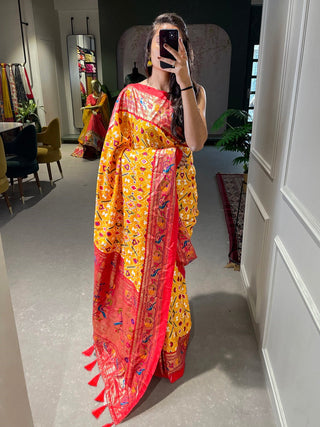 Yellow Color Patola Paithani Printed with Foil Work Dola Silk Saree Clothsvilla