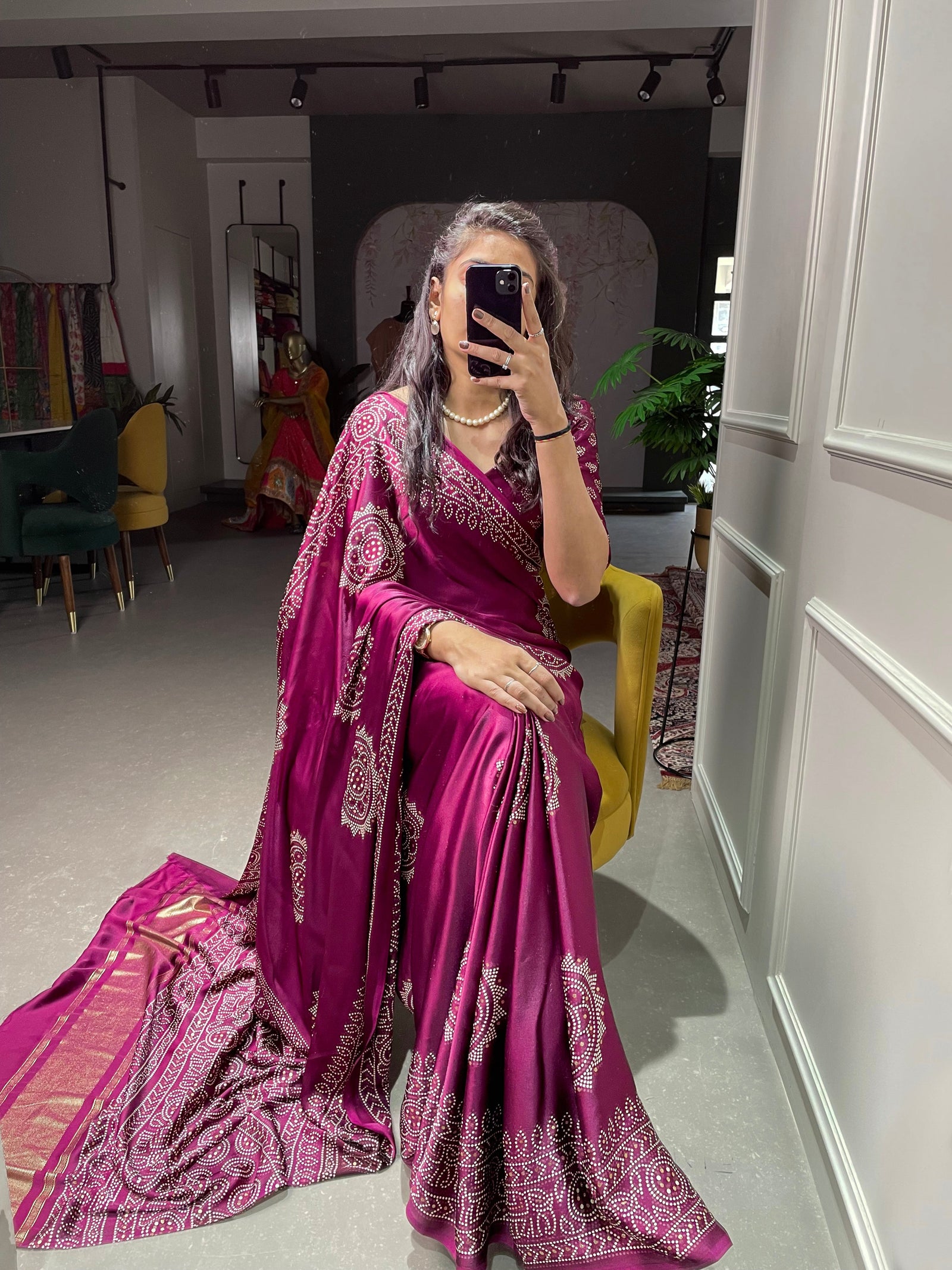 Wine Color Semi Gaji Satin Saree With Foil And Print Work Clothsvilla