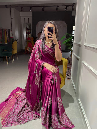 Wine Color Semi Gaji Satin Saree With Foil And Print Work Clothsvilla