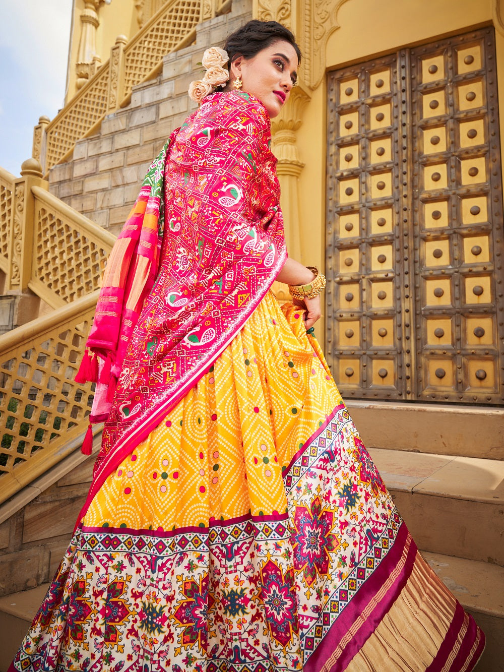 Yellow Color Digital Printed gaji Silk Lehenga Clothsvilla