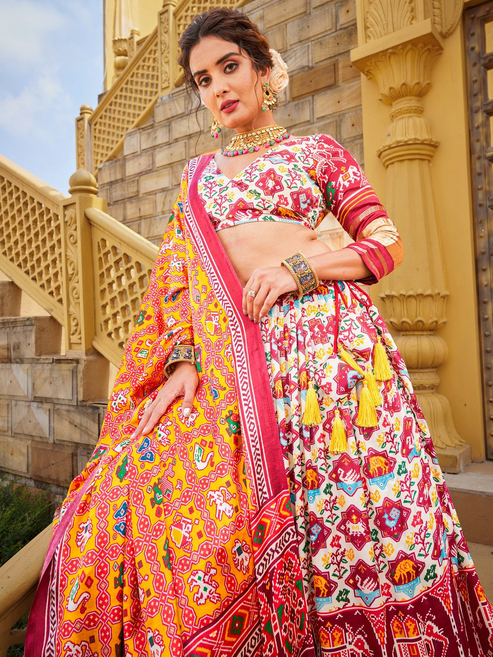Multi Color Digital Printed gaji Silk Lehenga Clothsvilla