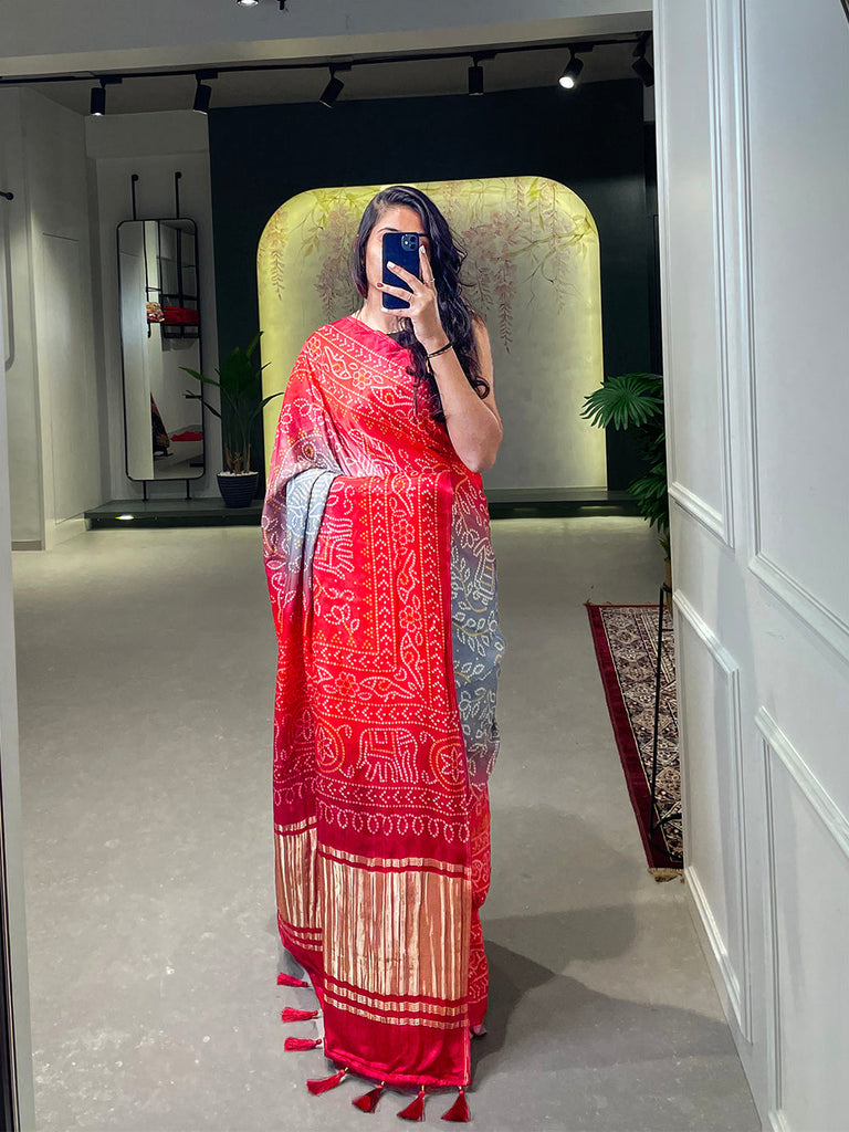 Red Color Floral & Foil Work Gaji Silk Saree Clothsvilla