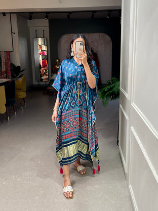 Teal Color Digital Print With Gotta Patti Lace Border Gaji Silk Kaftan ClothsVilla.com
