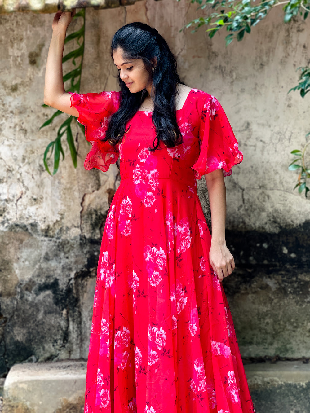 Red Color Digital Printed Georgette Gown Clothsvilla