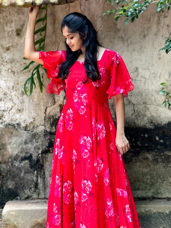 Red Color Digital Printed Georgette Gown Clothsvilla