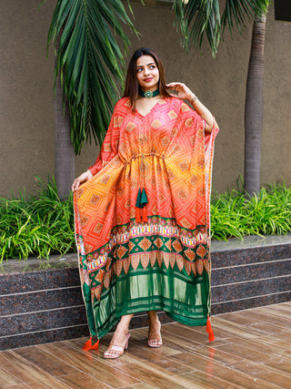 Multi Color Bandhej Digital Print Pure Gaji Silk Kaftan Clothsvilla