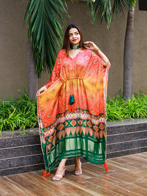 Multi Color Bandhej Digital Print Pure Gaji Silk Kaftan Clothsvilla Main image