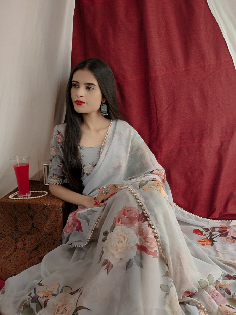 Off White Color Printed With Pearl Lace Border Georgette Saree Clothsvilla