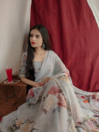 Off White Color Printed With Pearl Lace Border Georgette Saree Clothsvilla
