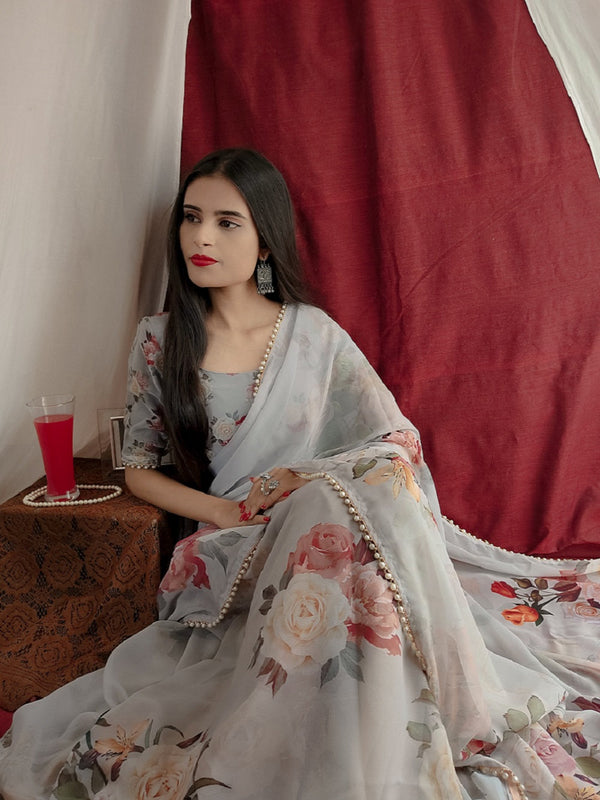 Off White Color Printed With Pearl Lace Border Georgette Saree Clothsvilla