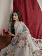 Load image into Gallery viewer, Off White Color Printed With Pearl Lace Border Georgette Saree Clothsvilla