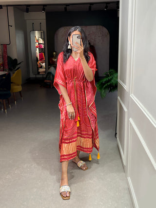 Red Color Digital Bandhej Printed Gaji Silk Kaftan ClothsVilla