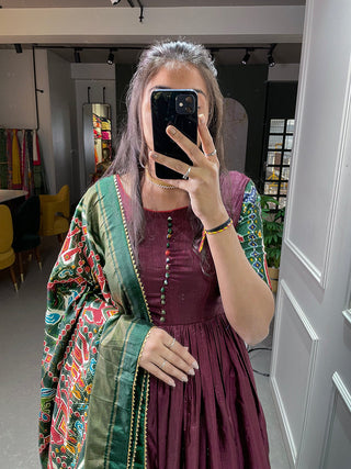 Brown Color Patola And Foil Printed Dola Silk Gown Clothsvilla