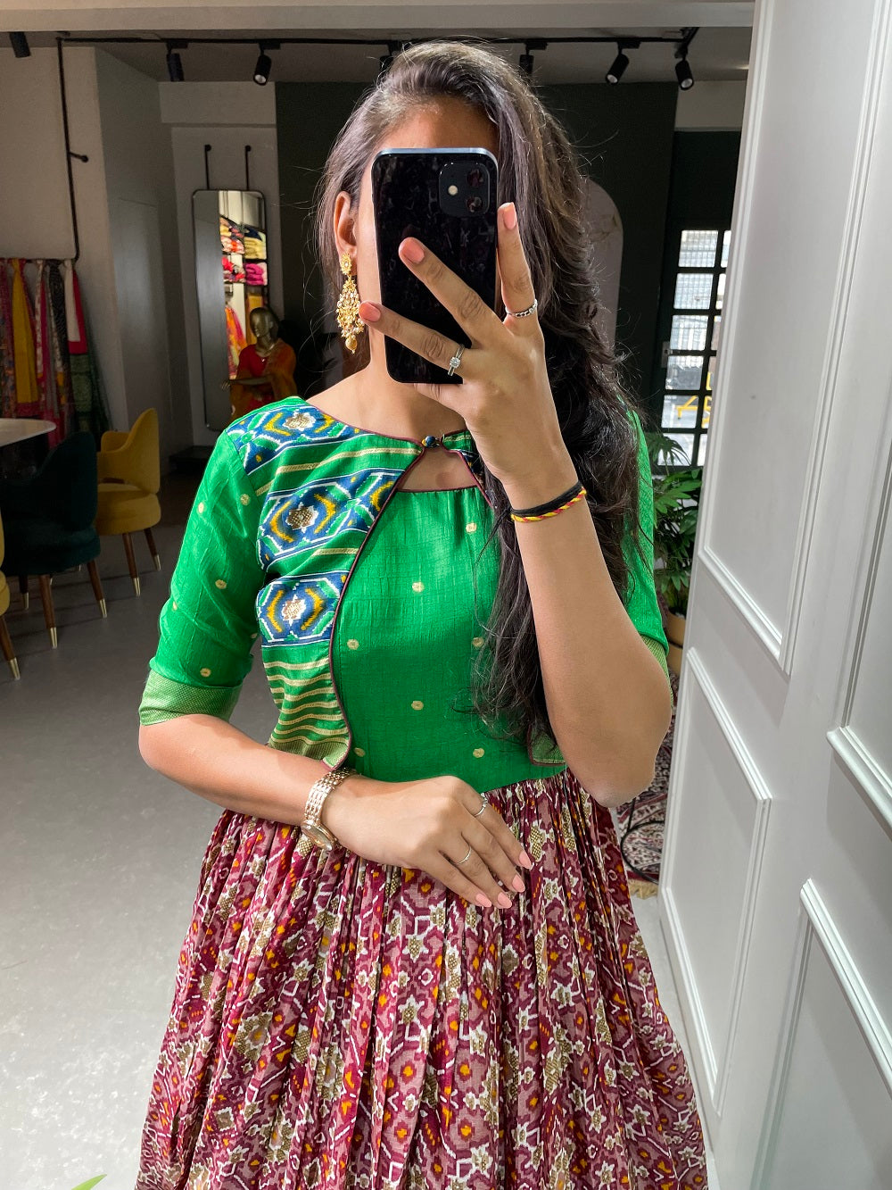 Red Color Patola Paithani Printed And Foil Printed Dola Silk Gown Clothsvilla