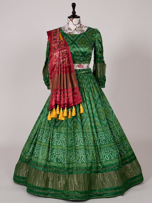 Green Color Digital Bandhani Printed Pure Gaji Silk Lehenga Clothsvilla