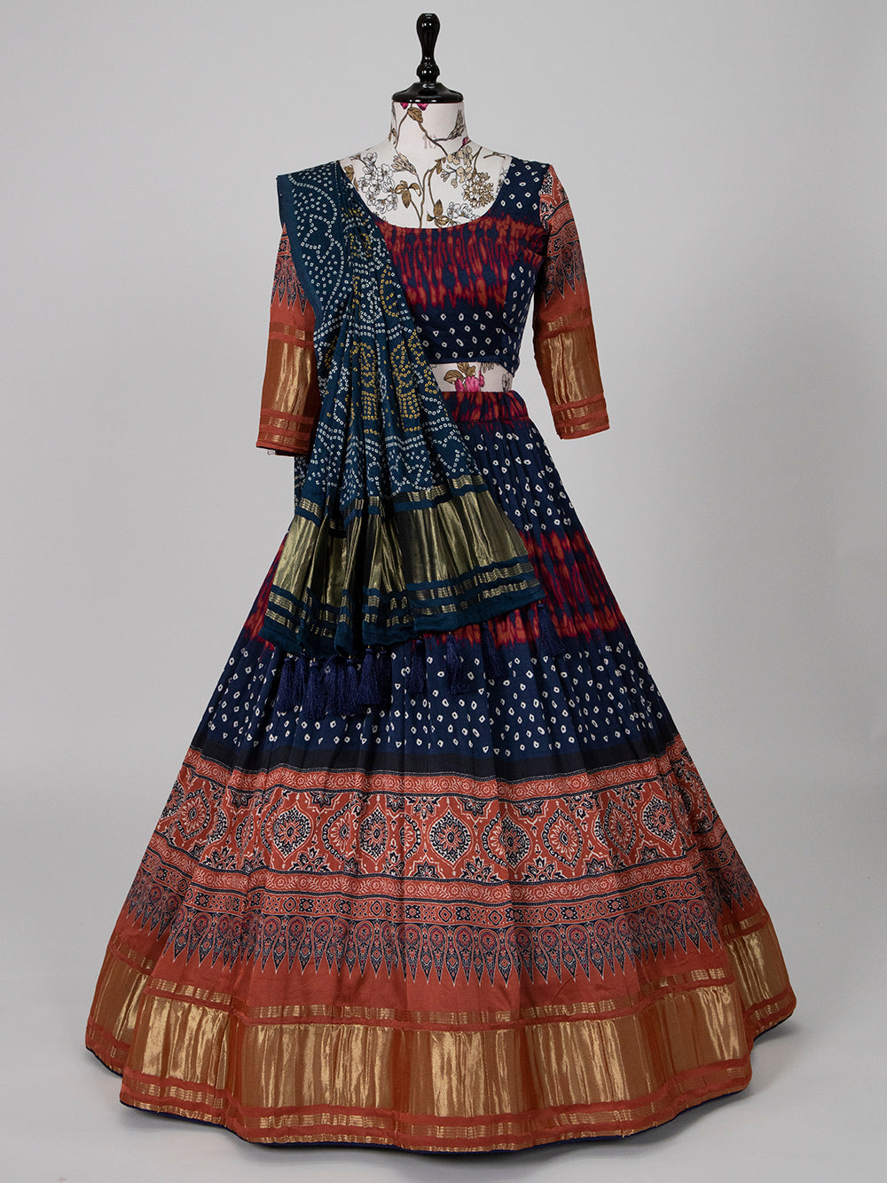 Navy Blue Color Bandhani Printed Pure Gaji Silk Navaratri Chaniya Choli Clothsvilla