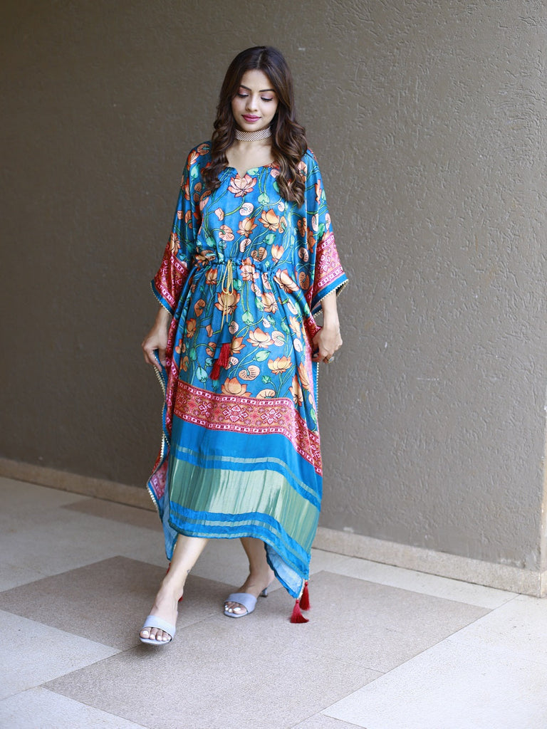 Teal Color Digital Printed Pure Gaji Silk Kaftan Dresses Teal Color Digital Printed Pure Gaji Silk Kaftan Dresses