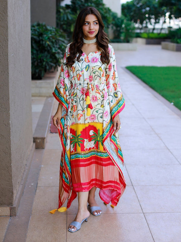 White Color Digital Printed Pure Gaji Silk Kaftan Dresses Clothsvilla