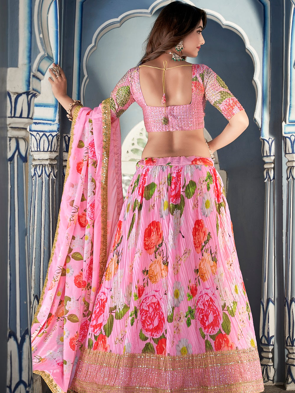 Pink Color Digital Print With Sequins Embroidery Work Crushed Chinon Lehenga Choli ClothsVilla.com