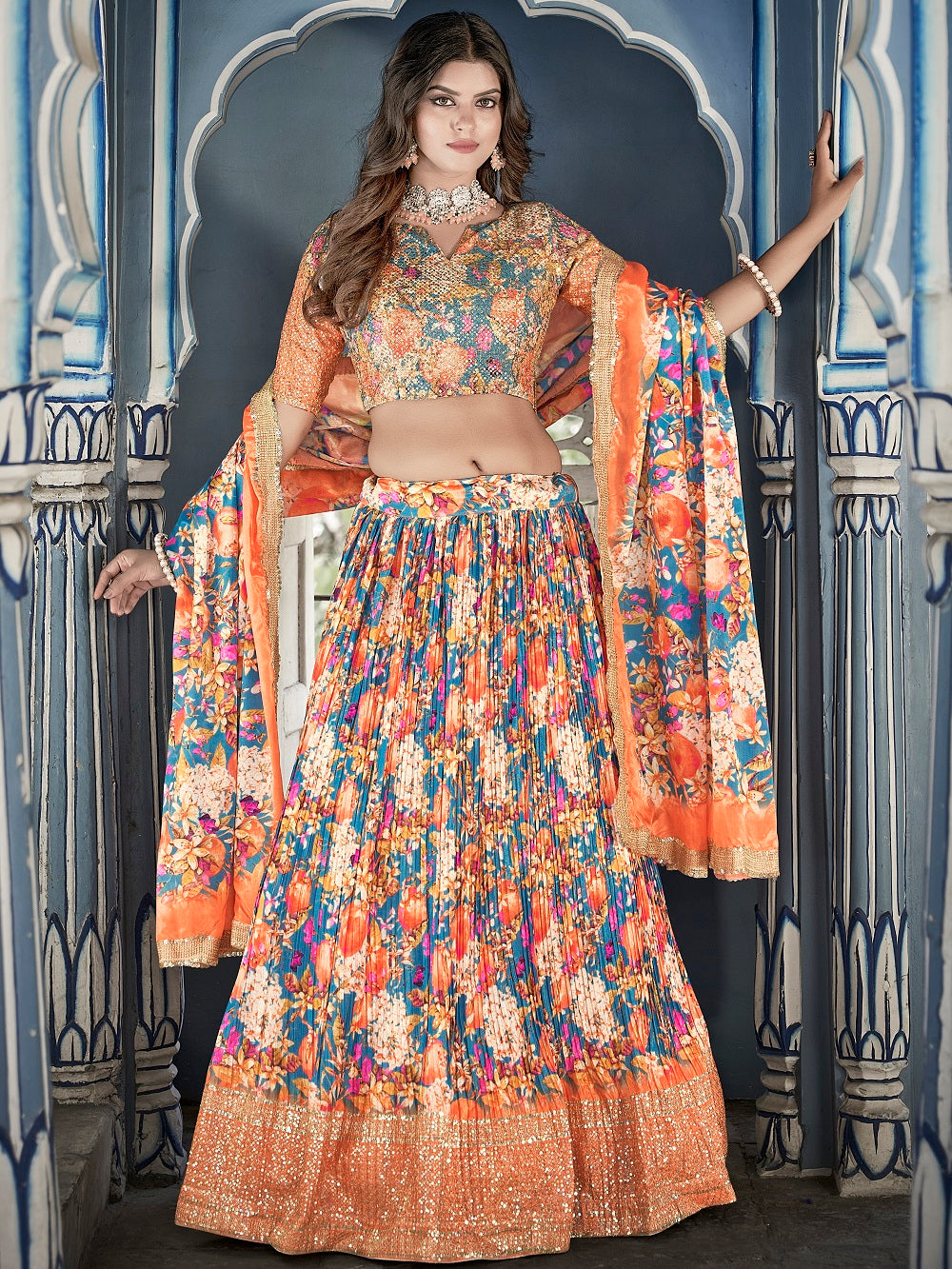 Sky Blue Color Digital Print With Sequins Embroidery Work Crushed Chinon Lehenga Choli ClothsVilla.com Main image
