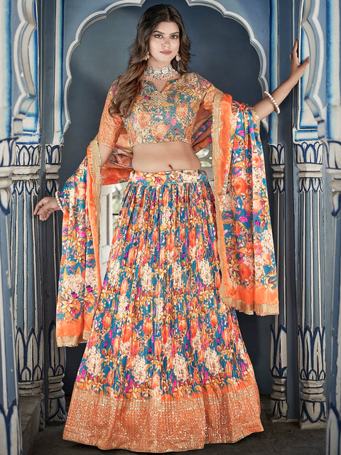 Sky Blue Color Digital Print With Sequins Embroidery Work Crushed Chinon Lehenga Choli ClothsVilla.com Main image