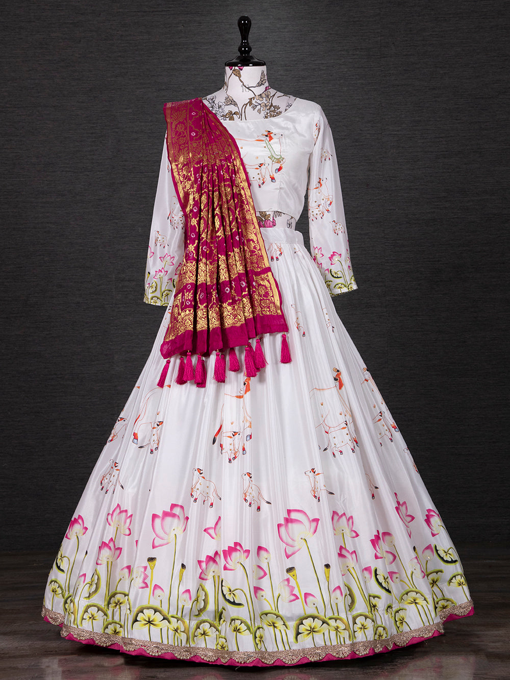 White Color Digital Printed Silk Lehenga Choli Set Clothsvilla