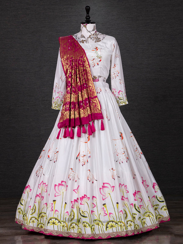 White Color Digital Printed Silk Lehenga Choli Set Clothsvilla