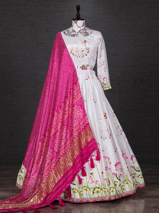 White Color Digital Printed Silk Lehenga Choli Set Clothsvilla