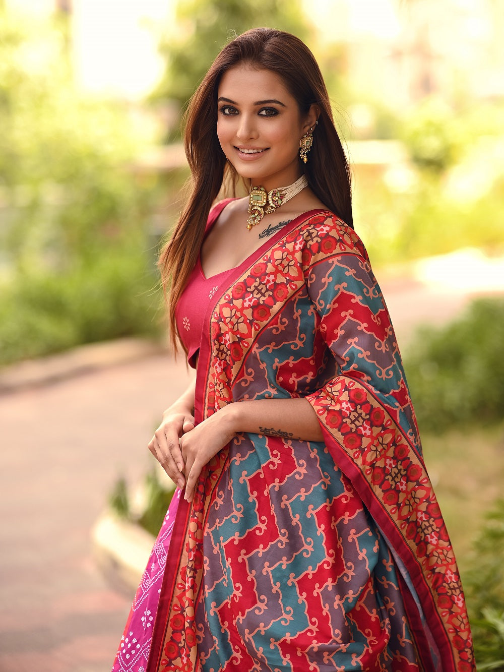 Red Color Printed Vaishali Silk Lehenga Set With Muslin Silk Dupatta Clothsvilla