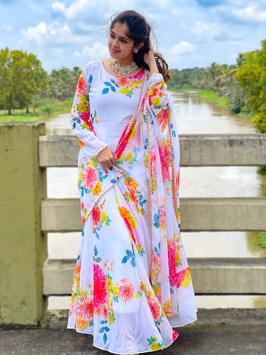 White Color Digital Floral Printed Georgette Gown Clothsvilla