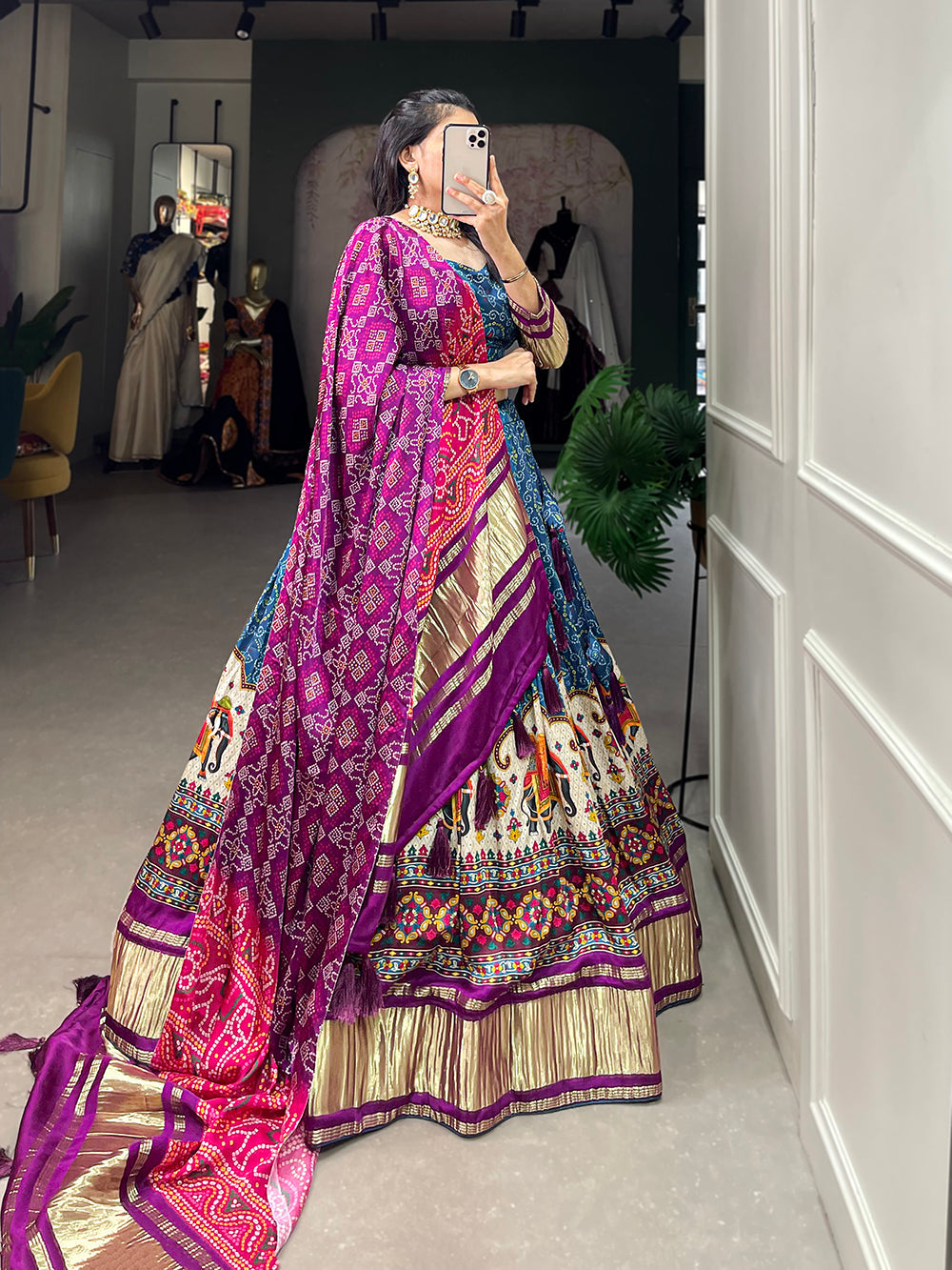 Blue Color Digital Printed With Lagadi Patta Gaji Silk Lehenga Choli Clothsvilla