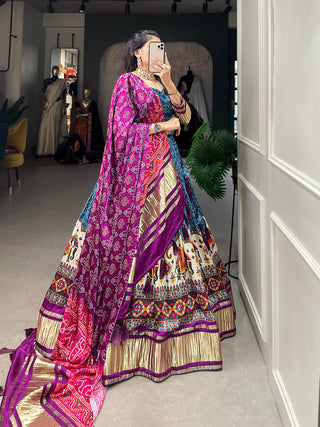 Blue Color Digital Printed With Lagadi Patta Gaji Silk Lehenga Choli Clothsvilla