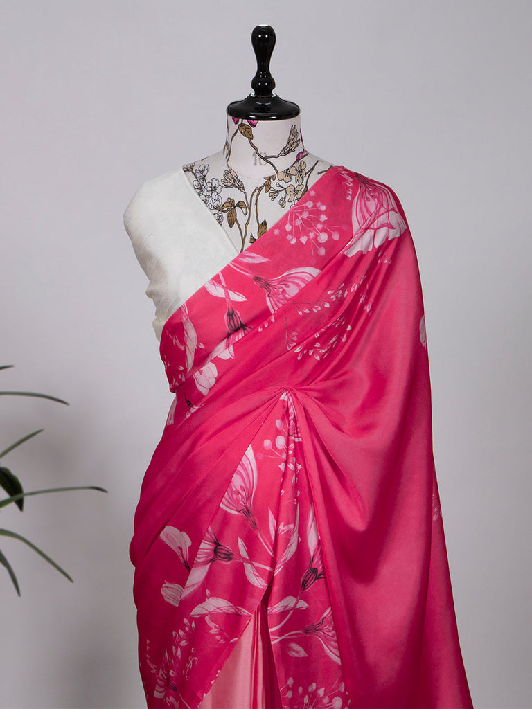 Satin Digital print Pink Saree with Blouse